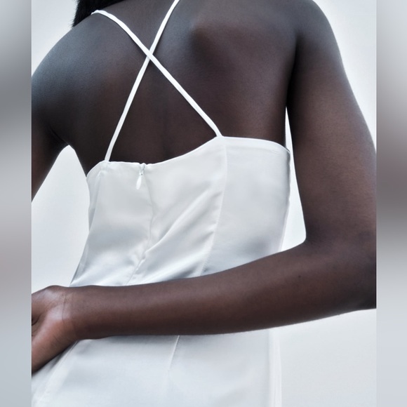 NWT Zara Women’s Chain Strap Satin Effect Straight Neck White Midi Dress Size XL - Picture 2 of 15